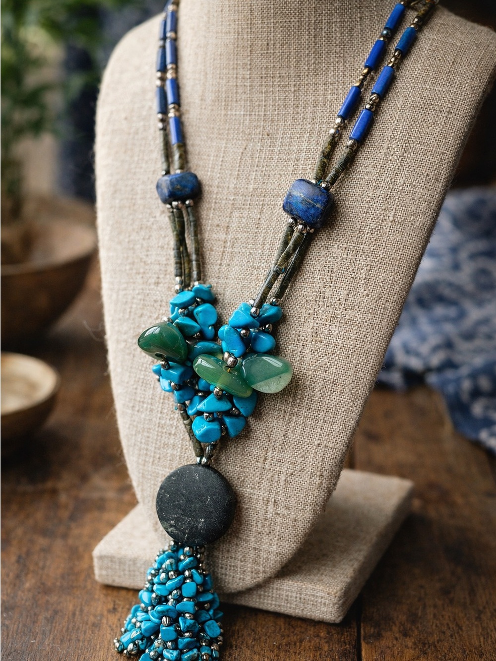 Afghanistan long Handcrafted Turquoise & lapis Green Bead Statement Necklace